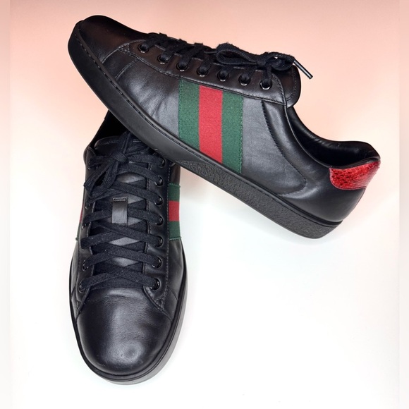 Gucci Men’s Ace Black Leather Python Embossed Lace Up Sneakers Size- 9.5 - Picture 4 of 12
